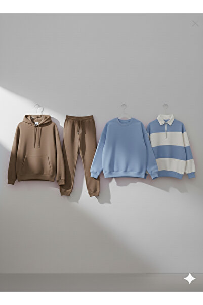 NİCE Set of 4 Winter Unisex Products, Sweatshirt-Hoodie-Bottoms-Sweatpants-Polo Collar 4 Pieces