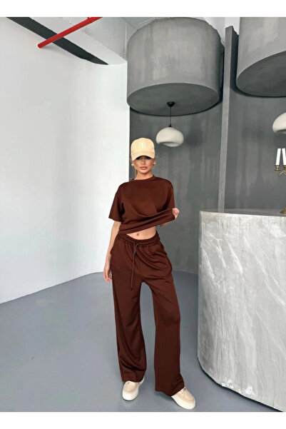 GENCULUS Osy Odal Soft Textured Fabric Short Sleeve Blouse Casual Pant Double Suit Brown