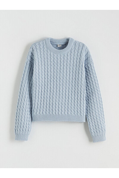 LC Waikiki Pulover tricotat pentru fete LCW Kids Blue guler rotund cu model î...