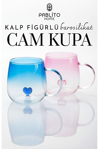 PABLITO HOME 2 Lİ KALP FİGÜRLÜ RENKLİ CAM KUPA BARDAK
