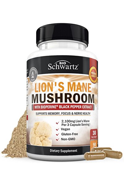 BioSchwartz Organic Lions Mane Mushrooms with BioPerine Nootropic Brain Memory Focus 90 Caps