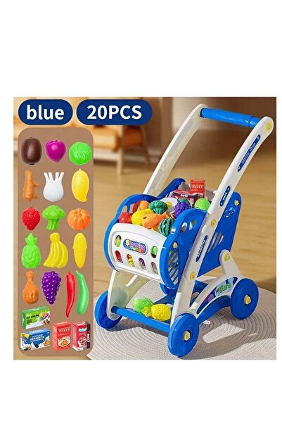 Generic Children's 20-piece Toy Shopping Cart Playset with Food & Accessories - Ages 3+ (Blue)