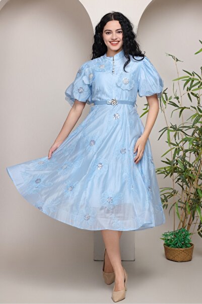 berlanty Evening midi dress with shimmering floral details - sky blue