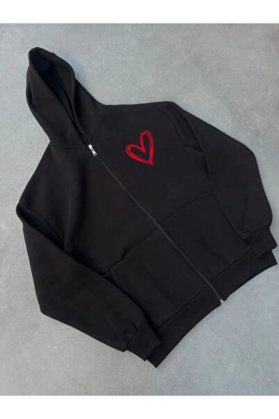 GENCULUS Three Thread Printed Zippered Hooded Cardigan Black