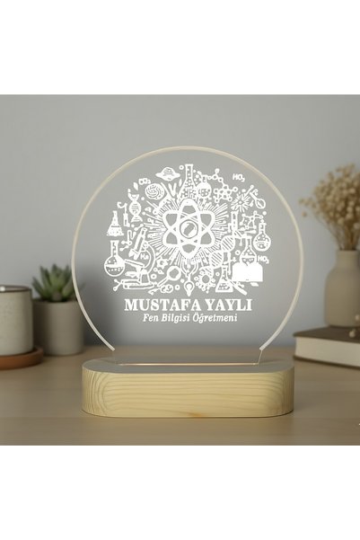 ih ihra Fen Bilgisi Öğretmenine Özel Kişiye Özel LED Işıklı Ahşap Masa İsimliği