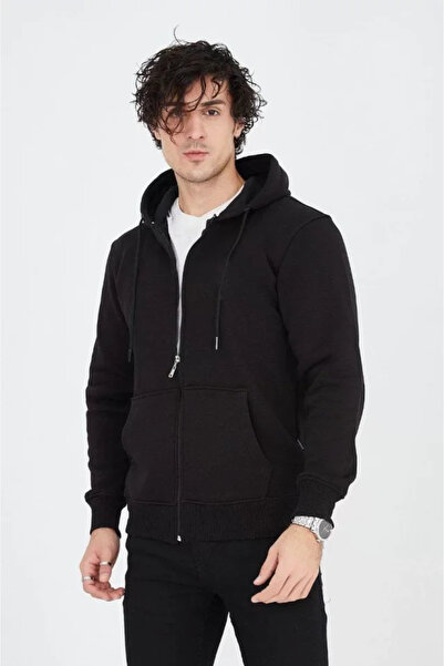 GENCULUS Men's Hooded Plain Zipper Cardigan Black