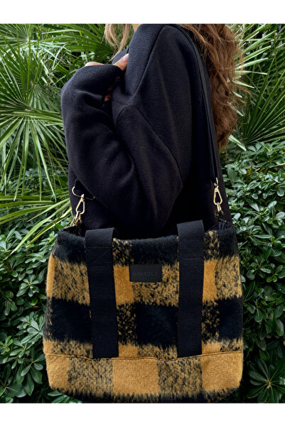 Goshıkı Fuyu Furry Winter Fabric Yellow and Black Square Patterned Casual Wom...