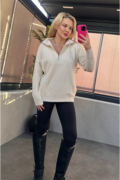 MİR STORE Ecru Zippered Bearded Sweater