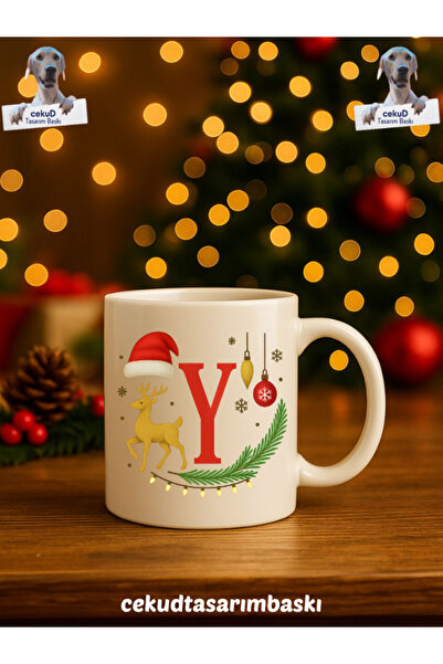 cekud tasarım baskı Yılbaşı Temalı Harfli Kupa – Beyaz (Harf: Y)