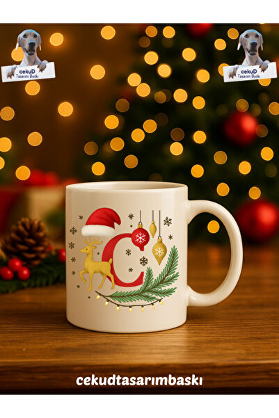cekud tasarım baskı Yılbaşı Temalı Harfli Kupa – Beyaz (Harf: C)