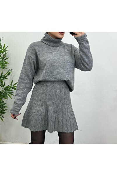 POİNE Women's Stylish High-Neck Sweater-Skirt Basic Top and Bottom Set