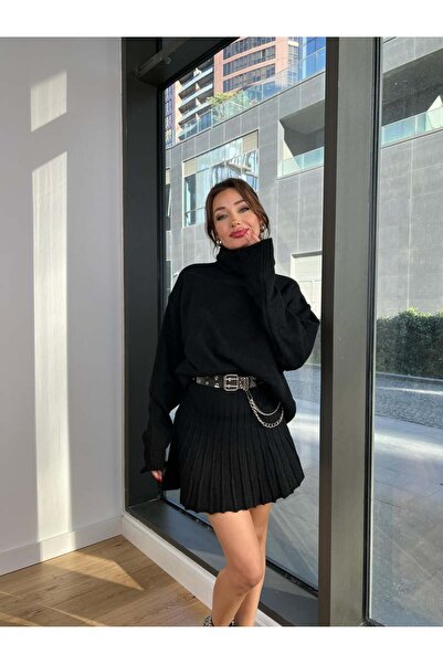 POİNE Women's Stylish High-Neck Sweater-Skirt Basic Top and Bottom Set