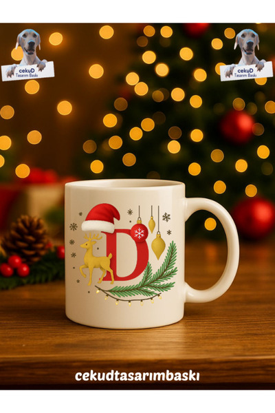 cekud tasarım baskı Yılbaşı Temalı Harfli Kupa – Beyaz (Harf: D)