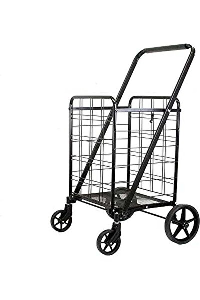 Miskat Trading Fold-able Shopping Trolley Push Cart With Wheels, Folding Collapsible Grocery Cart, Black,
