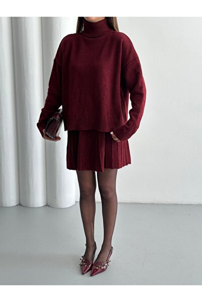 POİNE Women's Stylish High-Neck Sweater-Skirt Basic Top and Bottom Set