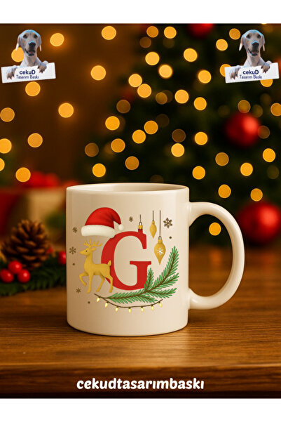 cekud tasarım baskı Yılbaşı Temalı Harfli Kupa – Beyaz (Harf: G)