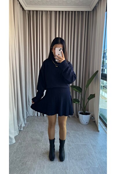 POİNE Women's Stylish High-Neck Sweater-Skirt Basic Top and Bottom Set