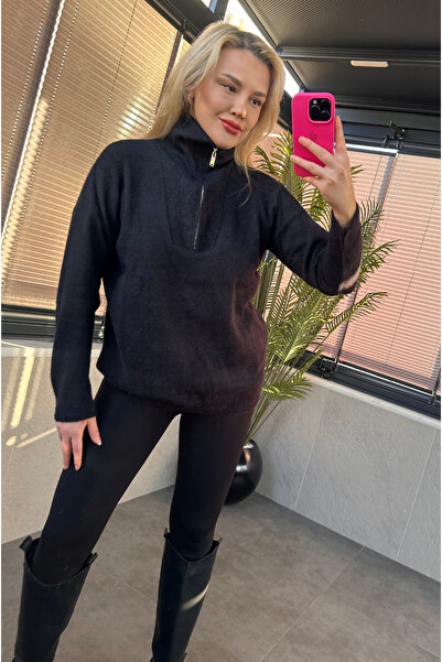 MİR STORE Black Zippered Bearded Sweater