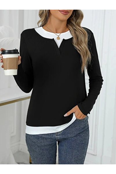 GENCULUS Women's Long Sleeve V-Neck Double Color Viscose Two Thread Blouse