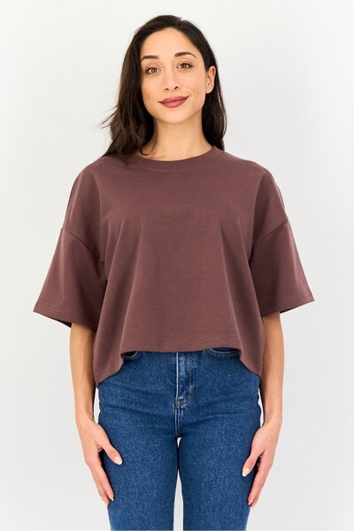 Core Elements Women Ribbed Neck Short Sleeve Plain Top, Brown