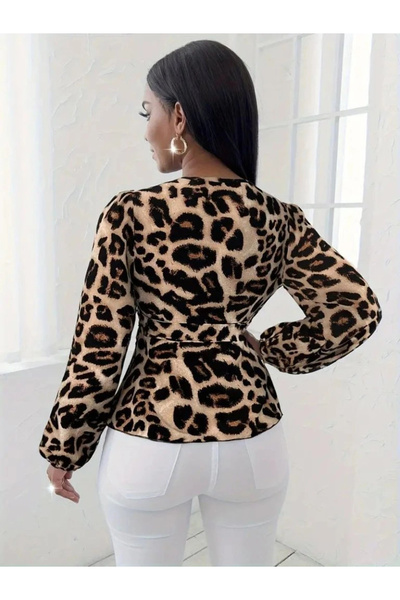 GENCULUS Women's Long Sleeve Double Breasted Collar Waist Belted Leopard Print Single Jersey Blouse
