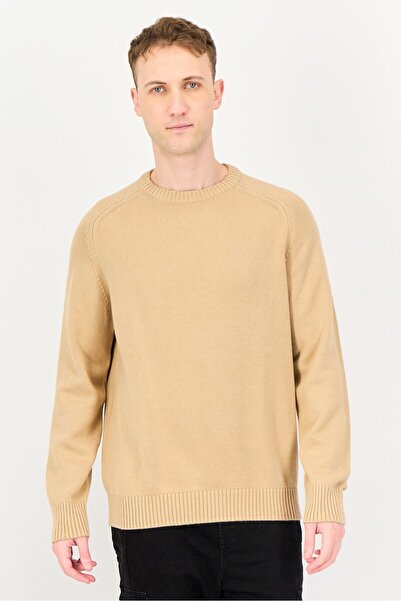 CELIO Men Crew Neck Long Sleeve Knitted Sweater, Tan