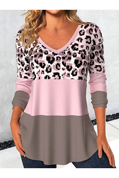 GENCULUS Women's Long Sleeve V Neck Leopard Print Raised Diver Blouse