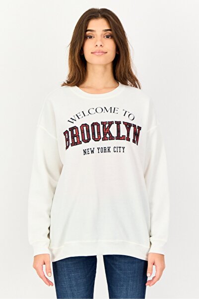 No Comment Women Crew Neck Long Sleeve Embroidered Sweatshirt, Off White