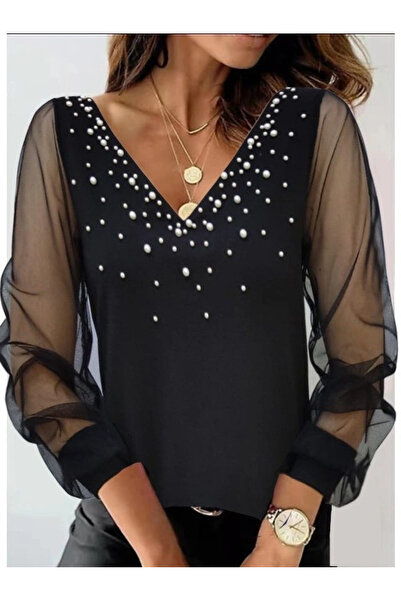 GENCULUS Women's Long Sleeve V-Neck Sleeves Tulle Neckline And Chest Pearl Detail Crepe Blouse