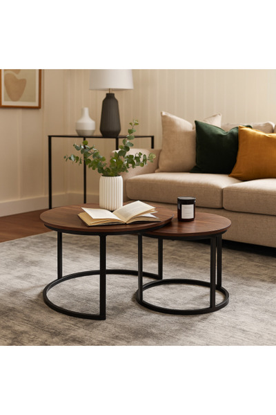 Palma homez Round Nesting Service Table Set, Wooden Top & Metal Base, Dark Brown