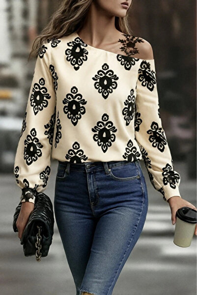 GENCULUS Women's Strappy Long Sleeve Off-The-Shoulder Patterned Mosskrep Blouse