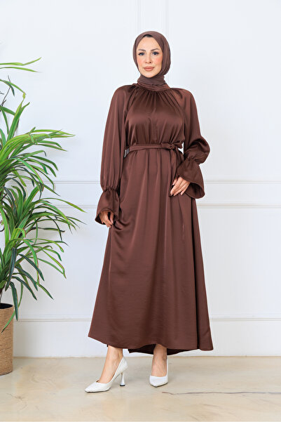 BARG FASHION Brown Satin Belted Flounce Sleeve Hijab Maxi Dress