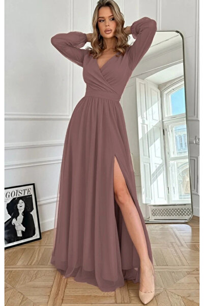 GENCULUS Women's Long Sleeve Double-Breasted Collar Waist Belted Tulle Long Imported Crepe Dress