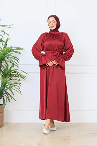 BARG FASHION Burgundy Satin Belted Flounce Sleeve Hijab Maxi Dress