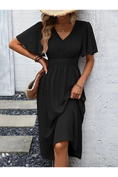 GENCULUS Women's Short Sleeve Flounced Sleeve Waist Gipped Jacquard Voile Midi Length Dress