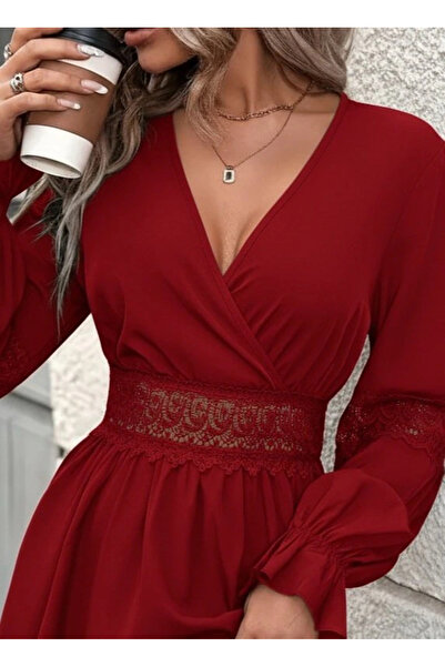 GENCULUS Women's Long Sleeve Double-Breasted Collared Lace Zipper Detailed Mini Imported Crepe Dress