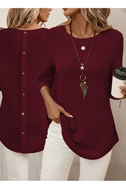 GENCULUS Women's Long Sleeve Round Neck Back Button Waffle Blouse