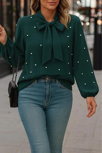 GENCULUS Women's Long Sleeve Bow Neck Pearl Imported Crepe Blouse