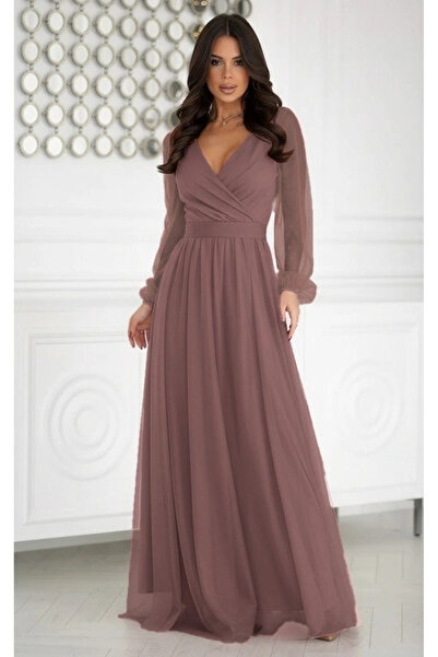 GENCULUS Women's Long Sleeve Double-Breasted Collar Waist Belted Tulle Long Imported Crepe Dress