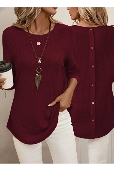 GENCULUS Women's Long Sleeve Round Neck Back Button Waffle Blouse