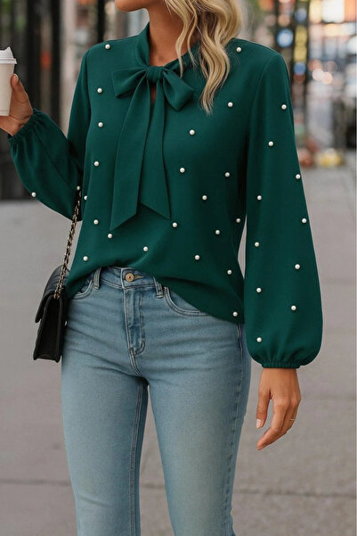 GENCULUS Women's Long Sleeve Bow Neck Pearl Imported Crepe Blouse