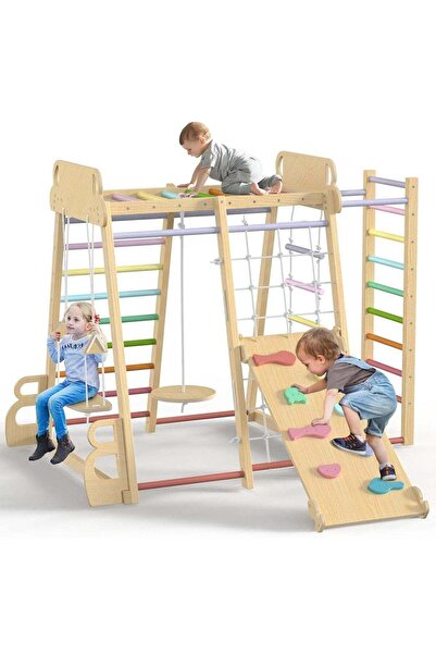 Ma Baby MaBaby Indoor Jungle Gym, 7-in-1 Wooden Montessori Climber Playset with Slide & Swing
