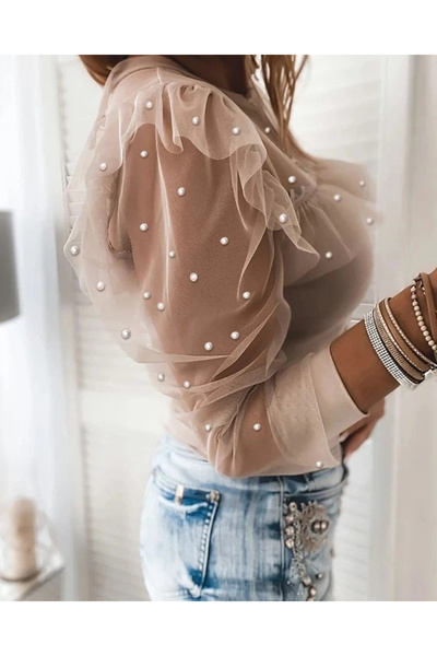 GENCULUS Women's Long Sleeve Sleeve And Collar Tulle And Pearl Detail Viscose Blouse