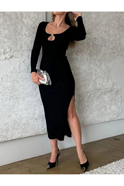 GENCULUS Women's Long Sleeve Collar Drop Detail Mini Accessory Slit Detail Crepe Dress