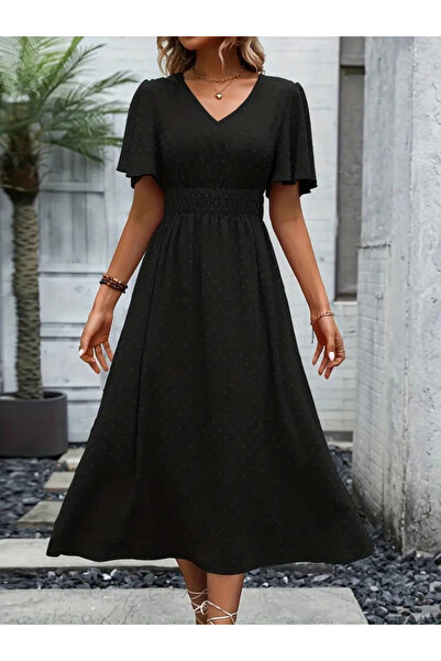 GENCULUS Women's Short Sleeve Flounced Sleeve Waist Gipped Jacquard Voile Midi Length Dress