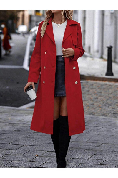 GENCULUS    Women's Long Sleeve Neck Front Button Waist Belt Midi Gabardine Trench Coat