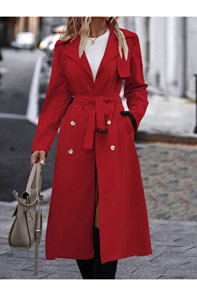 GENCULUS    Women's Long Sleeve Neck Front Button Waist Belt Midi Gabardine Trench Coat