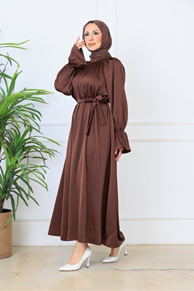 BARG FASHION Brown Satin Belted Flounce Sleeve Hijab Maxi Dress