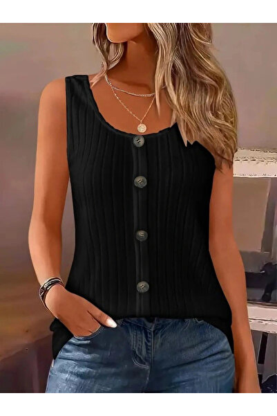 GENCULUS Women's Strappy Round Neck Front Buttoned Thick Corded Camisole Blouse