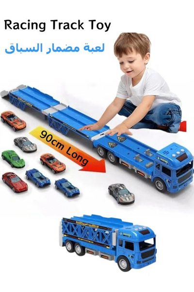 Generic ألعاب شاحنة كبيرة، مجموعة ألعاب سيارات سباق، لعبة شاحنة حاوية مع 8 سيارات من السبائك المعدنية، لون أزرق